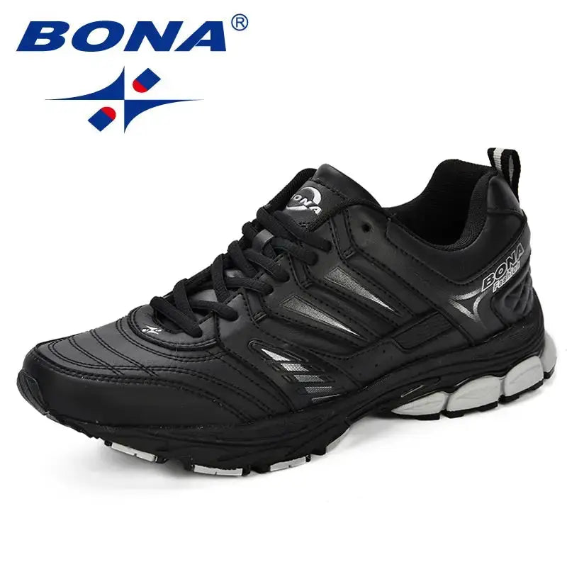 BONA men's black running shoe with gray accents, outdoor athletic sneaker