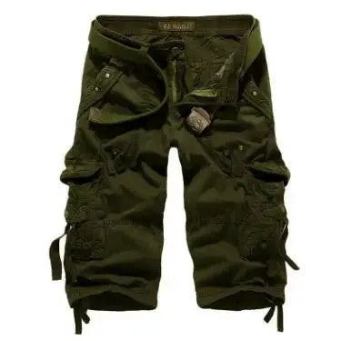 Men's olive green cotton cargo shorts with knee-length cut and multiple pockets