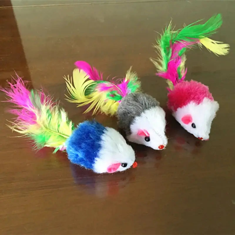 Three colorful mini fleece mouse cat toys with feather tails