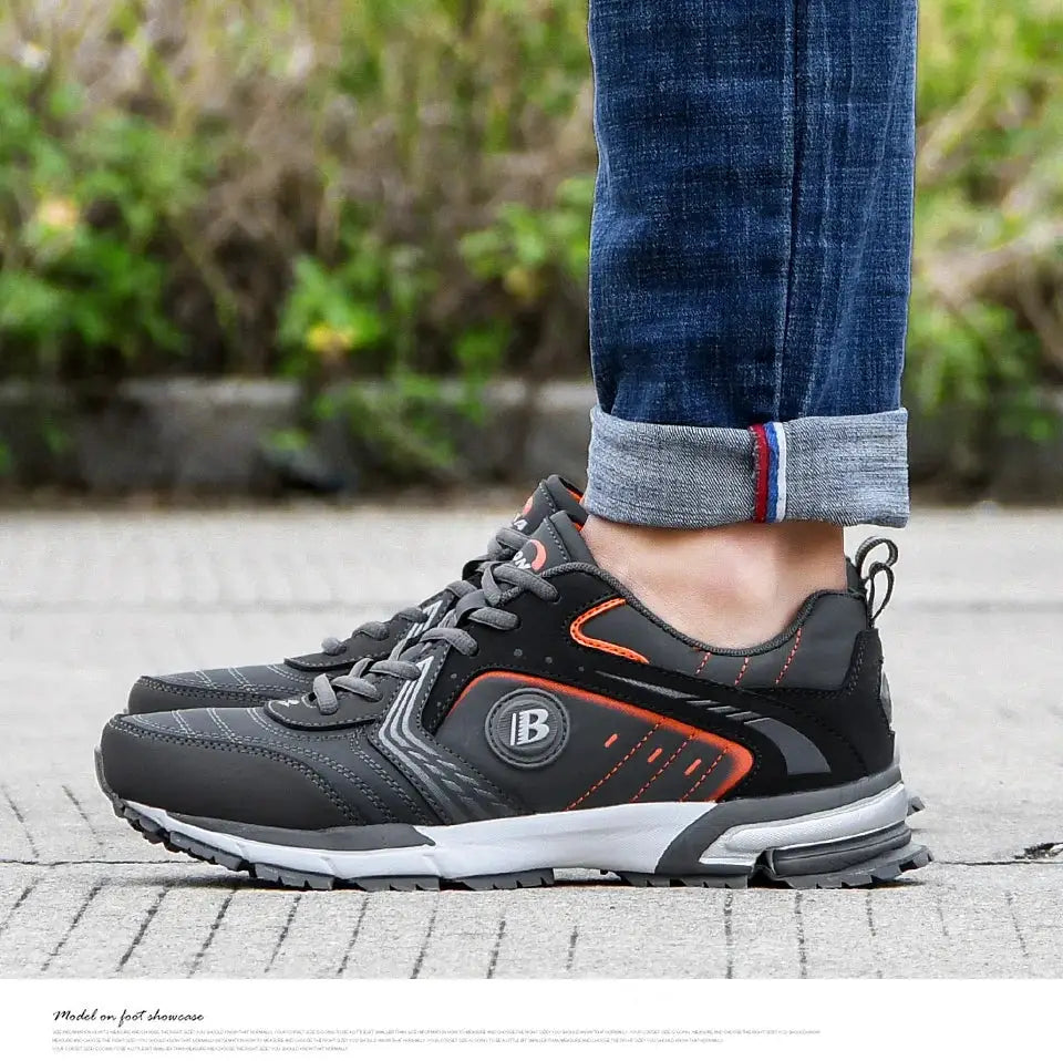 BONA men's running shoes in black gray with orange accents, lace-up breathable sneakers for walking and jogging