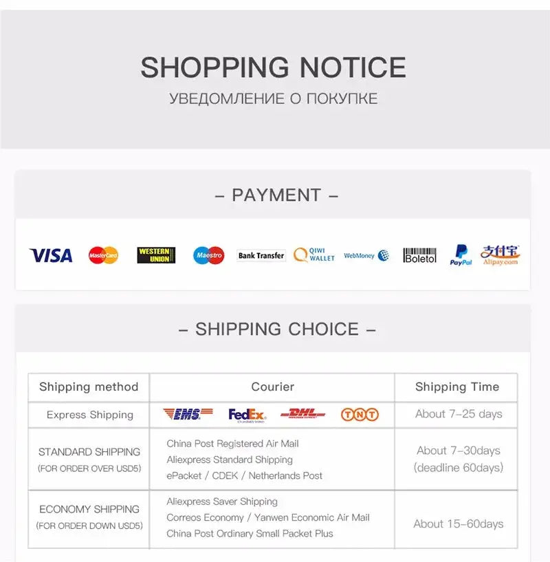 Shopping notice page showing payment logos and shipping options table with courier names and delivery times.