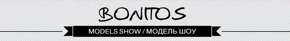 Bonitos Models Show banner with bold black ribbon and white text on a striped gray background.