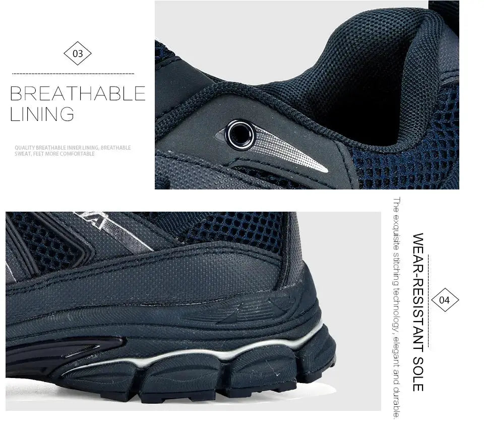 Men's running shoes in navy mesh with synthetic overlays and a rugged wear-resistant sole