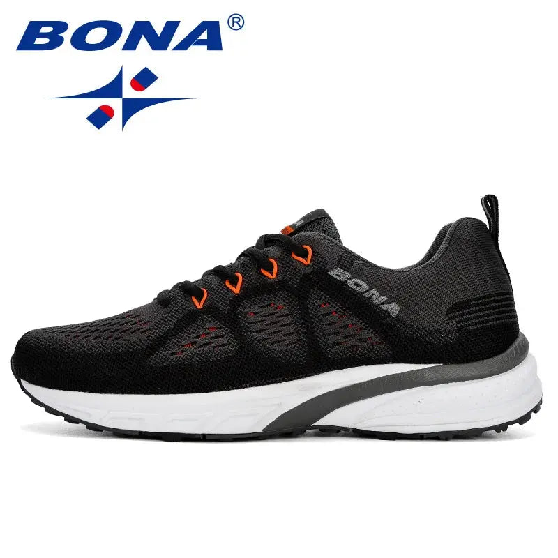 BONA men's running sneakers, black mesh trainers with orange eyelets and white sole, lightweight outdoor athletic shoes