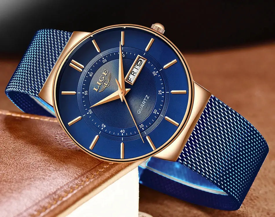 LIGE men's watch with blue dial, rose-gold case and blue stainless steel mesh strap, date display
