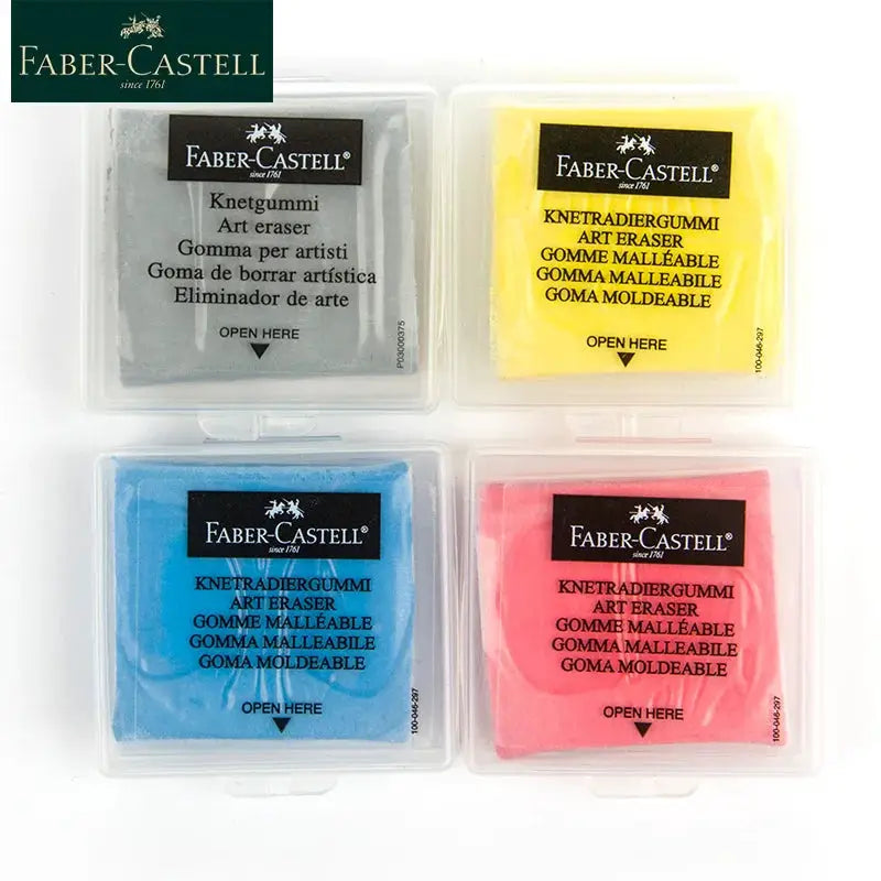 Faber-Castell kneaded art erasers in clear plastic cases, four-pack in gray, yellow, blue and pink with visible label