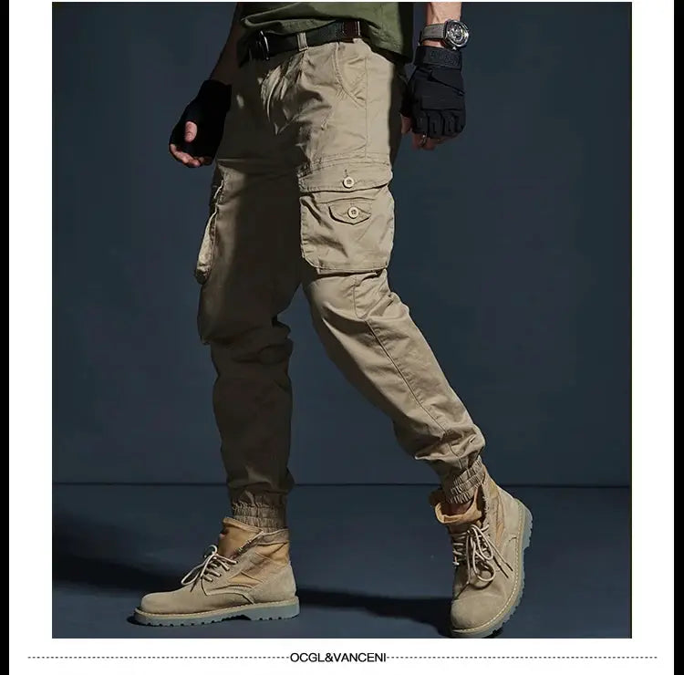Khaki cargo joggers for men by Simples Market with multiple pockets and elastic cuffs