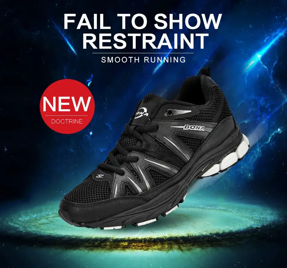 BONA men’s running shoes, black mesh with microfiber overlays, lace-up outdoor sneakers