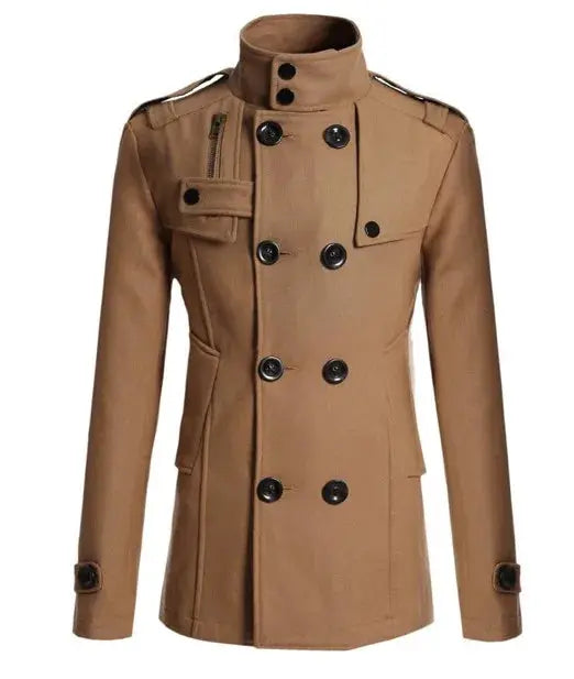 Men's camel wool overcoat with double-breasted front, epaulettes and high collar, side pockets.