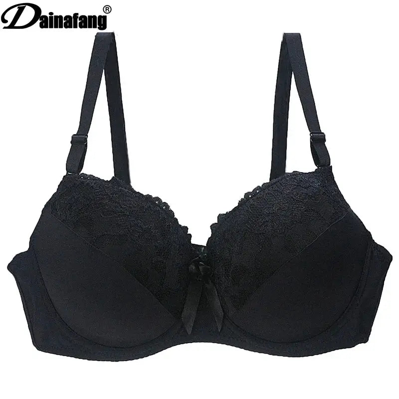 Dainafang black lace bra with underwire, adjustable straps, center bow