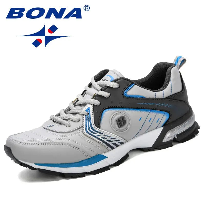 BONA men's running shoes with gray/white/blue accents, lace-up athletic sneakers.