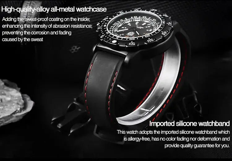 Addies Military Watch, black all-metal case, imported silicone strap, men's quartz waterproof timepiece