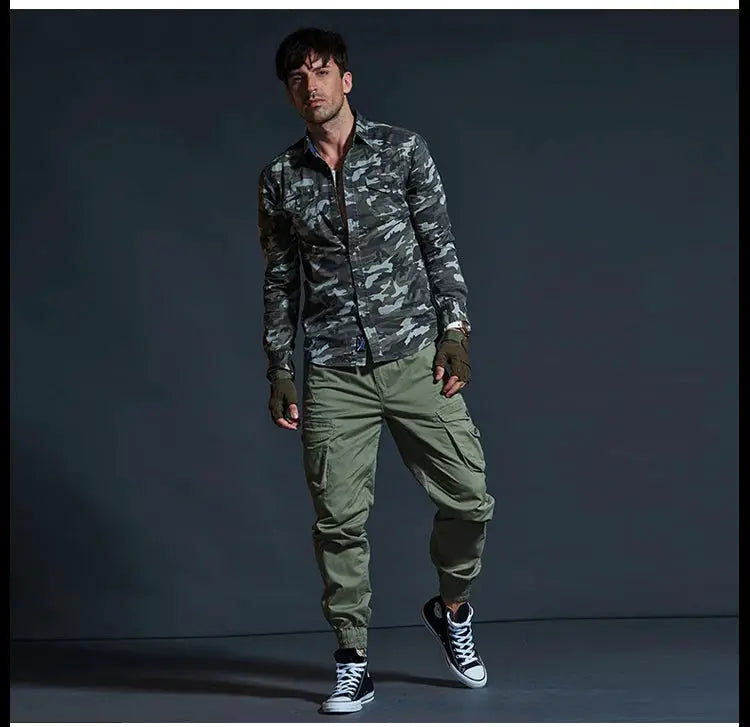 Men's tactical cargo joggers in olive green with multiple pockets