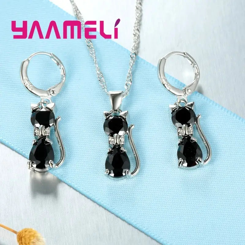 Real 925 Sterling Silver Cat Pendant Necklace And Huggie Earrings With Austrian Crystal Jewelry Set For Women And Girls