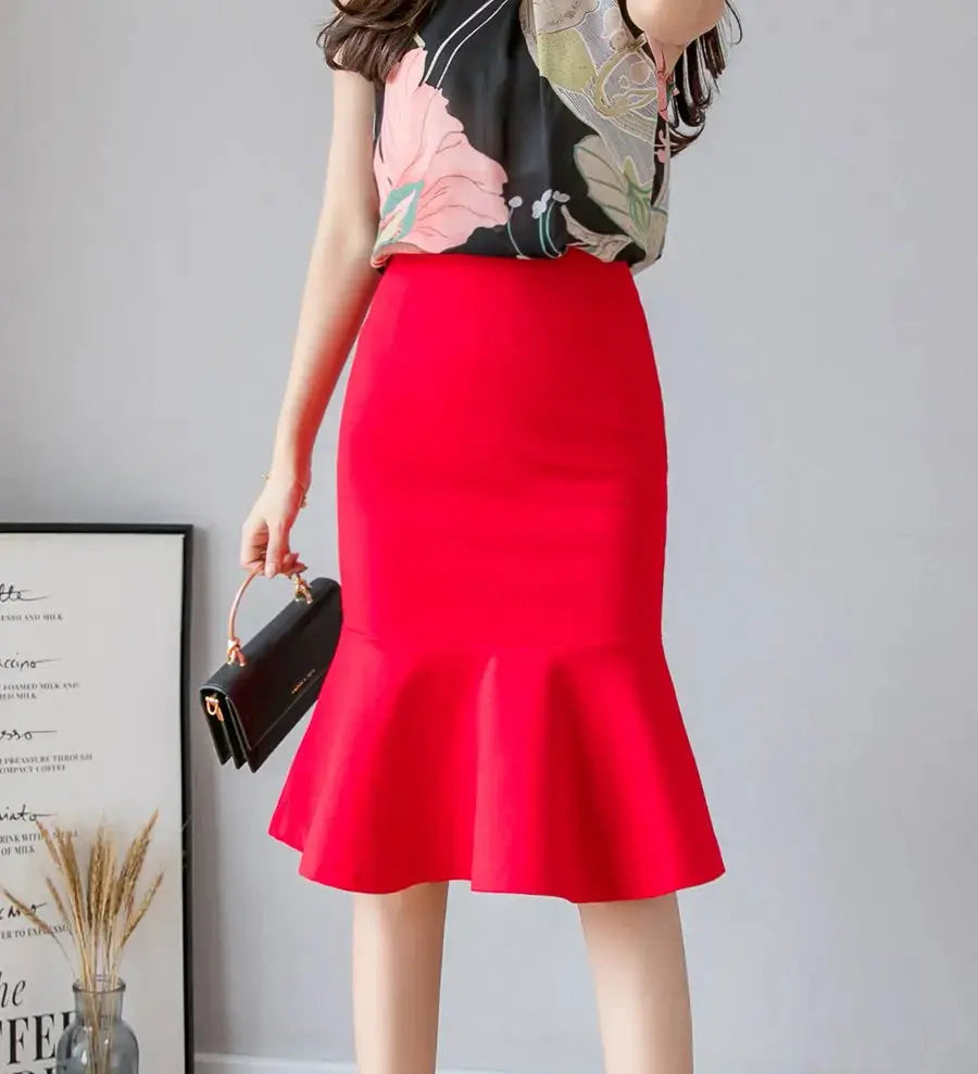 Women's red high-waist midi skirt with a flared ruffle hem