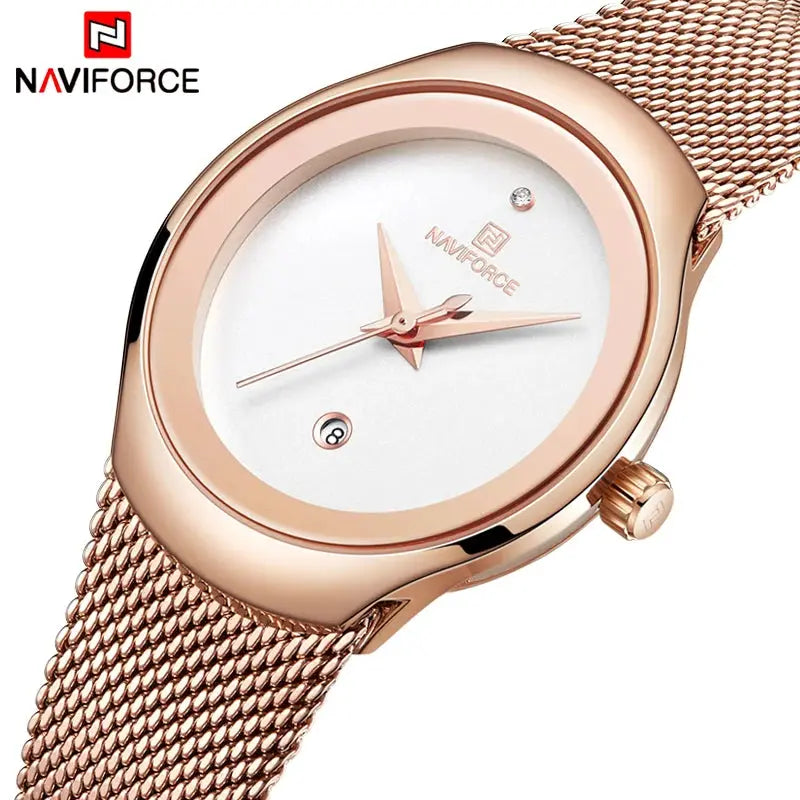 Naviforce women's rose-gold stainless steel mesh watch with simple white dial and date window