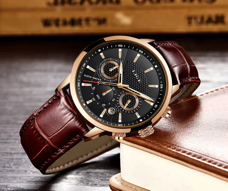 LIGE men's luxury leather watch with black dial, rose gold-tone case and brown leather strap