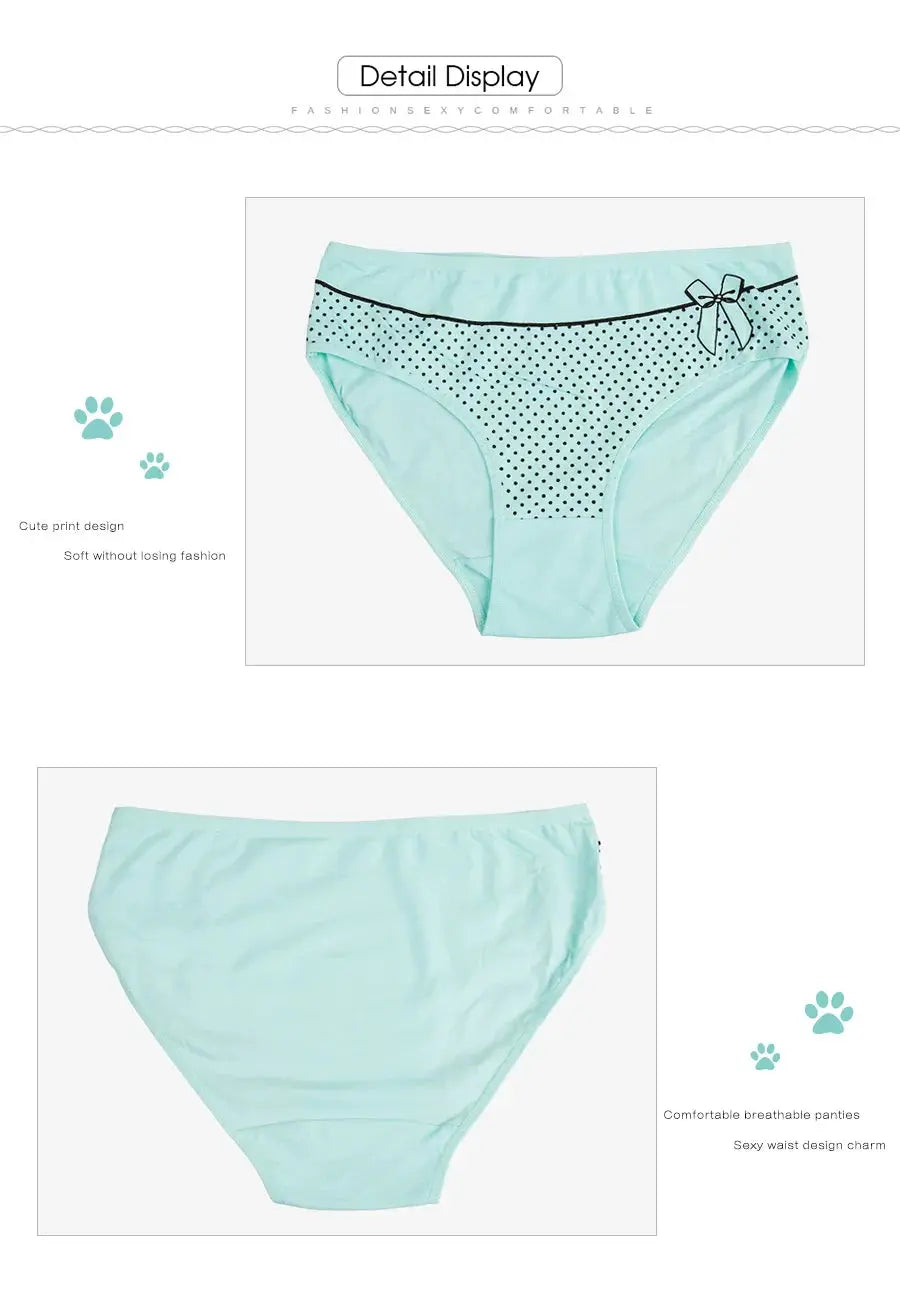 Simples Market women's cotton briefs turquoise with polka-dot print and bow detail, mid-rise
