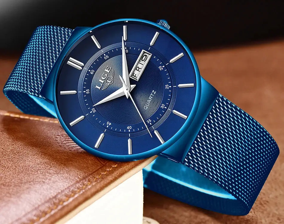 LIGE blue men's watch with stainless steel mesh strap, analog quartz, date display