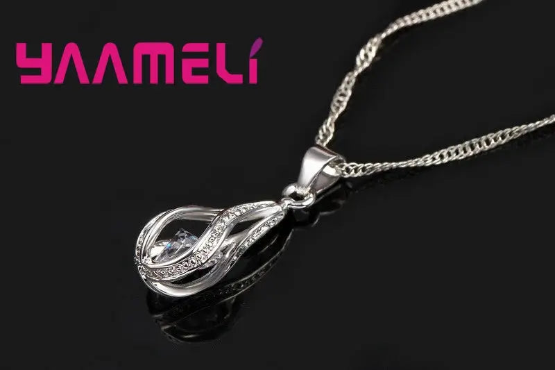 Water Drop CZ 925 Sterling Silver Plated Jewelry Set For Women Pendant Necklace And Hoop Earrings For Wedding Ceremony