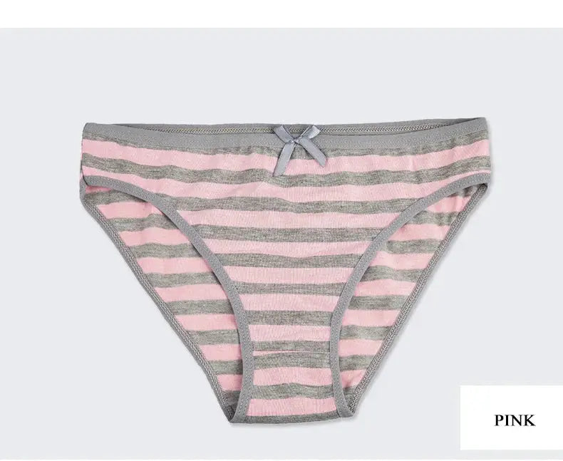 Women's cotton panties in pink and gray stripes with gray trim and a small bow