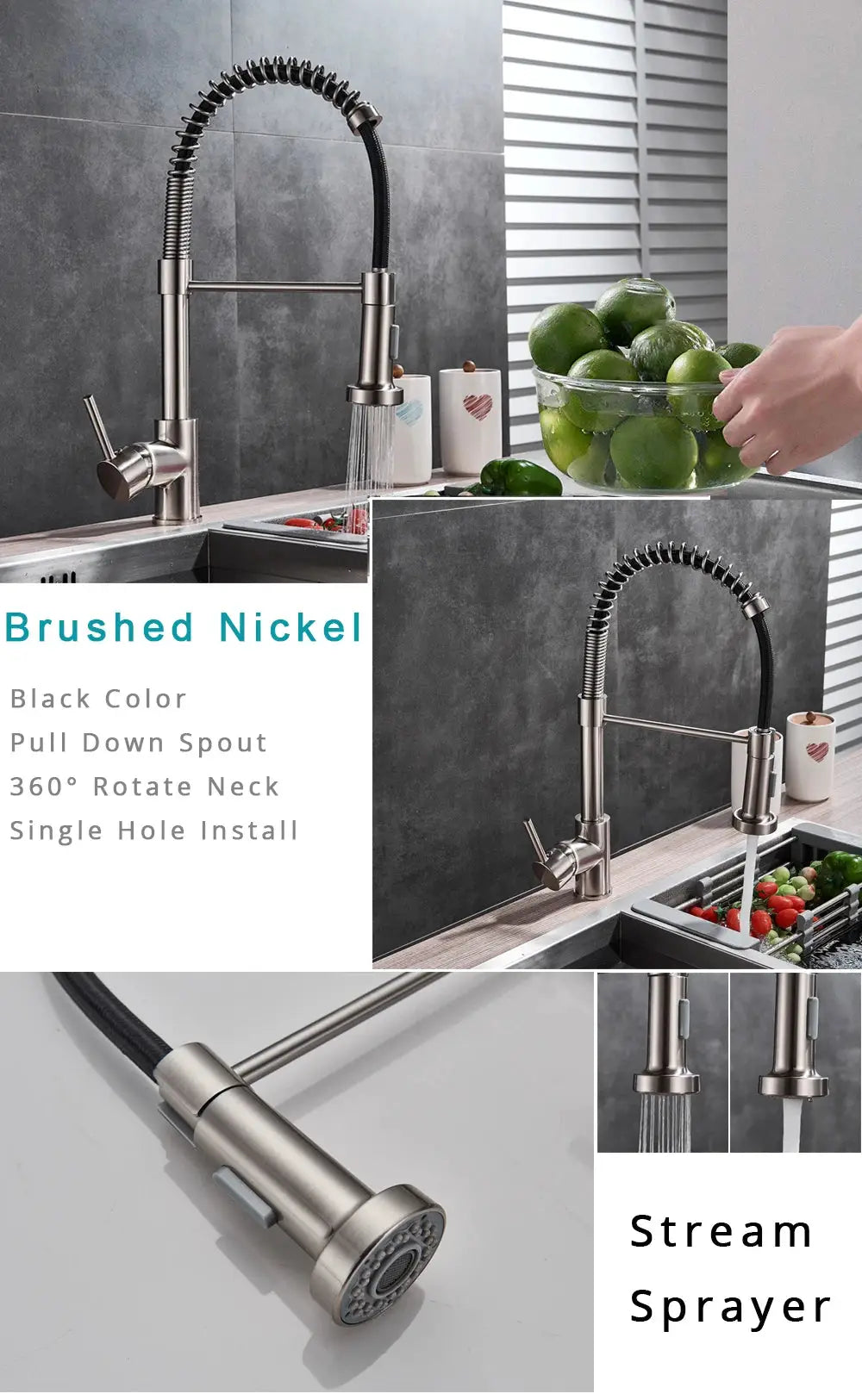Rozin brushed nickel kitchen faucet by Simples Market with pull-down spray, deck-mounted, 360° rotation
