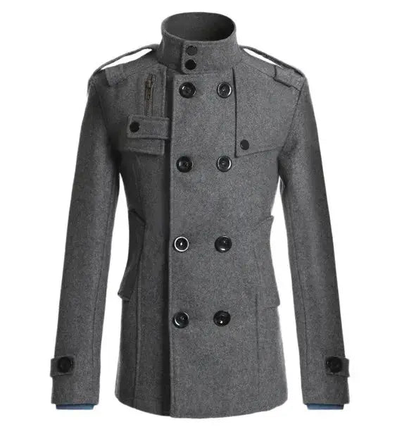 Simples Market men's grey wool overcoat, double-breasted with high collar and epaulets