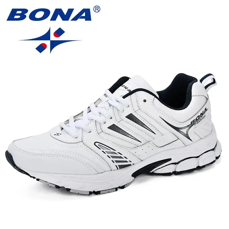 BONA men's running shoes, white breathable sport sneaker with black accents