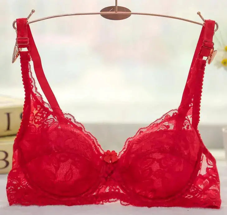 Red lace underwire push-up bra for women with floral cups and adjustable straps
