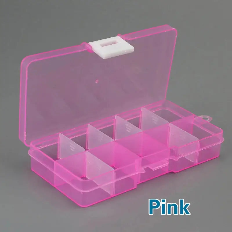 Pink Simples Market 10-slot plastic jewelry and parts storage box with clear dividers and lid.