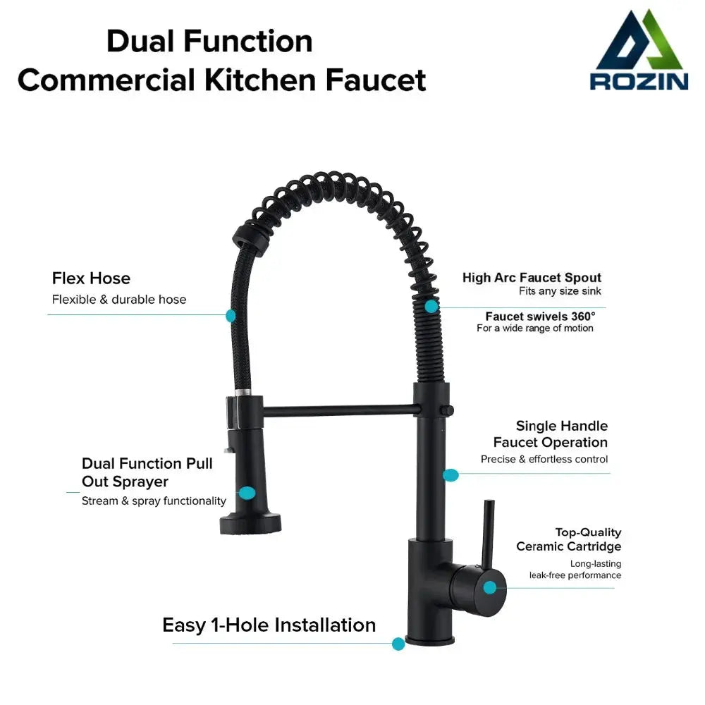 Kitchen faucet Rozin matte black deck-mounted with pull-out sprayer and 360° swivel