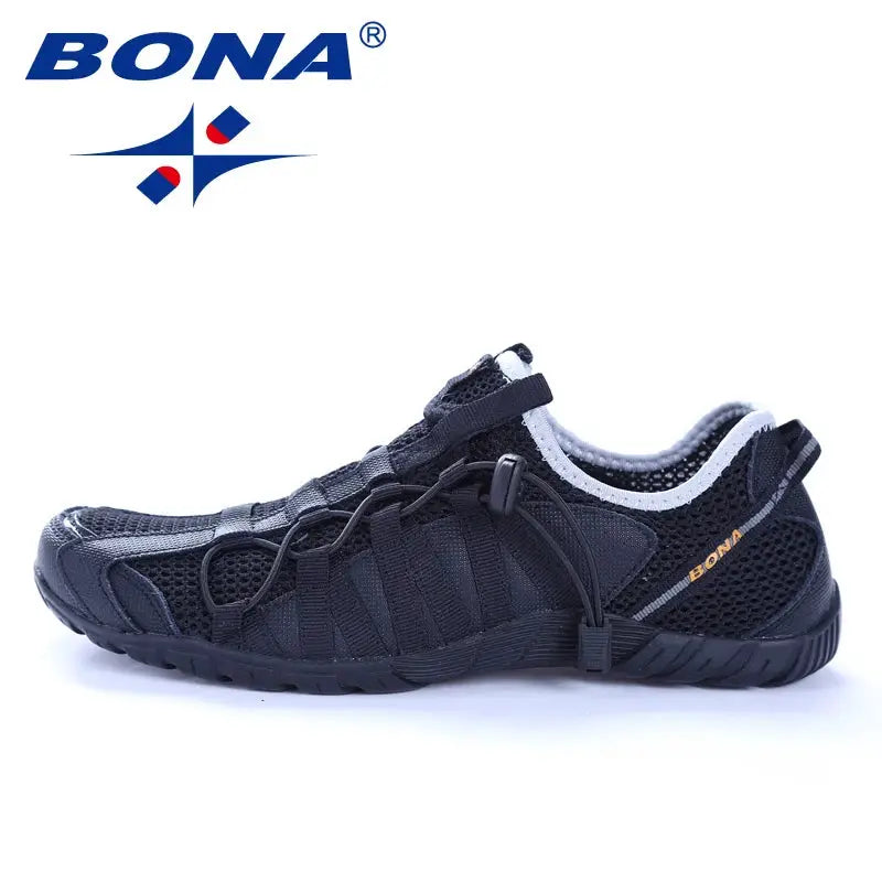 BONA men's running shoes, black mesh lace-up athletic sneakers for outdoor walking