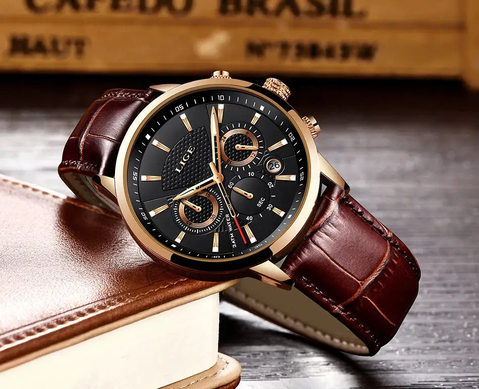 LIGE men's watch with brown leather strap and rose-gold case