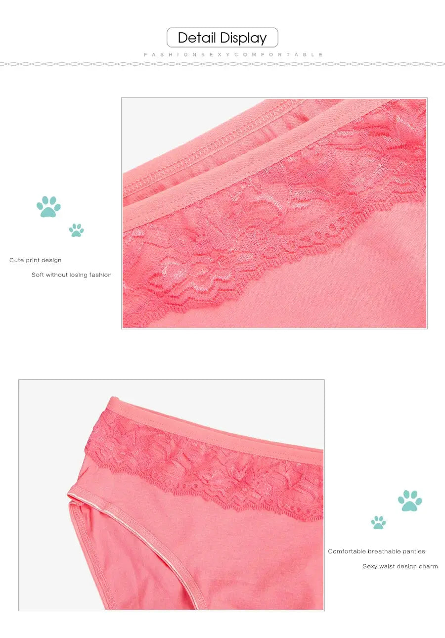 Women's pink cotton lace-trim briefs, mid-rise underpants