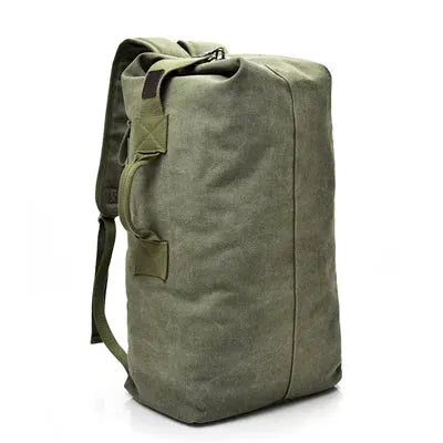 Men's travel backpack large capacity canvas olive green bucket style with top handle and shoulder straps