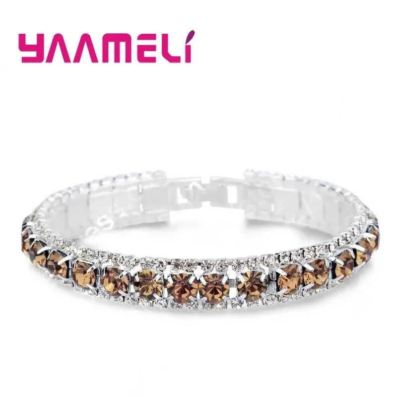Sterling Silver 925 Bracelets For Women With AAA Zircon Austrian Crystal Link Chain Bangle In 14 Colors