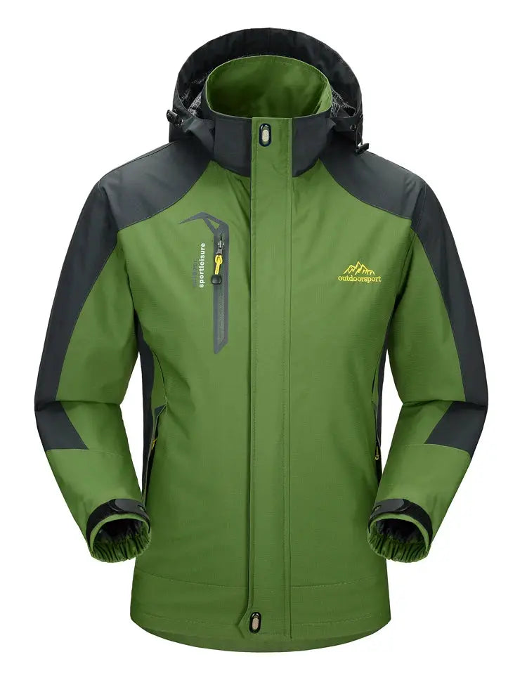 TRVLWEGO men's outdoor hiking jacket green with dark gray panels, waterproof windbreaker with hood and outdoorsport logo