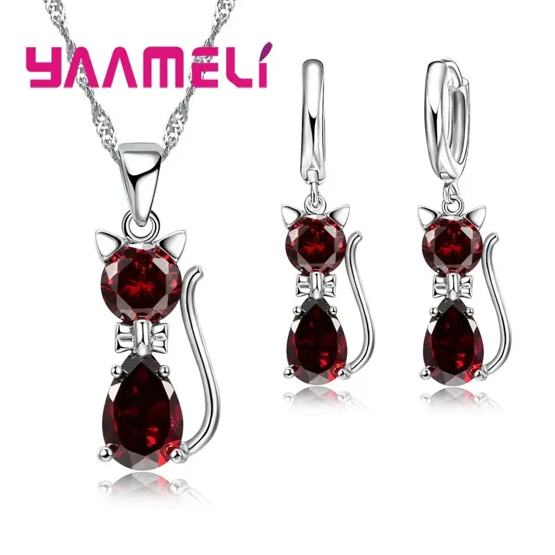 Real 925 Sterling Silver Cat Pendant Necklace And Huggie Earrings With Austrian Crystal Jewelry Set For Women And Girls