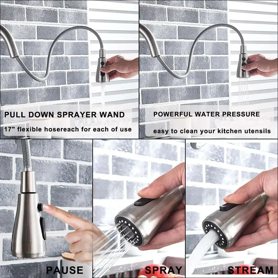 Rozin purification pull-down kitchen faucet with 17in hose and spray/stream options in stainless finish