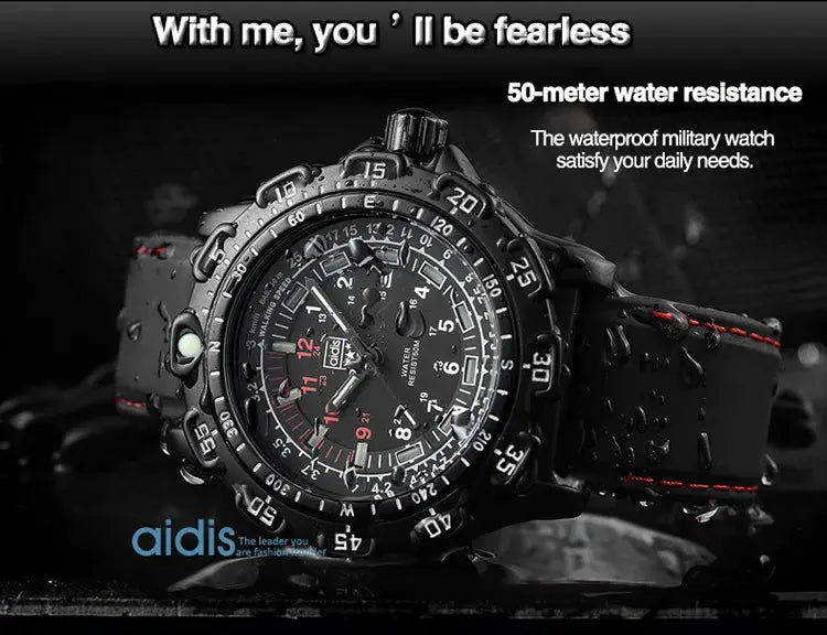 Military tactical wristwatch by Simples Market, black with 50m water resistance and luminous dial