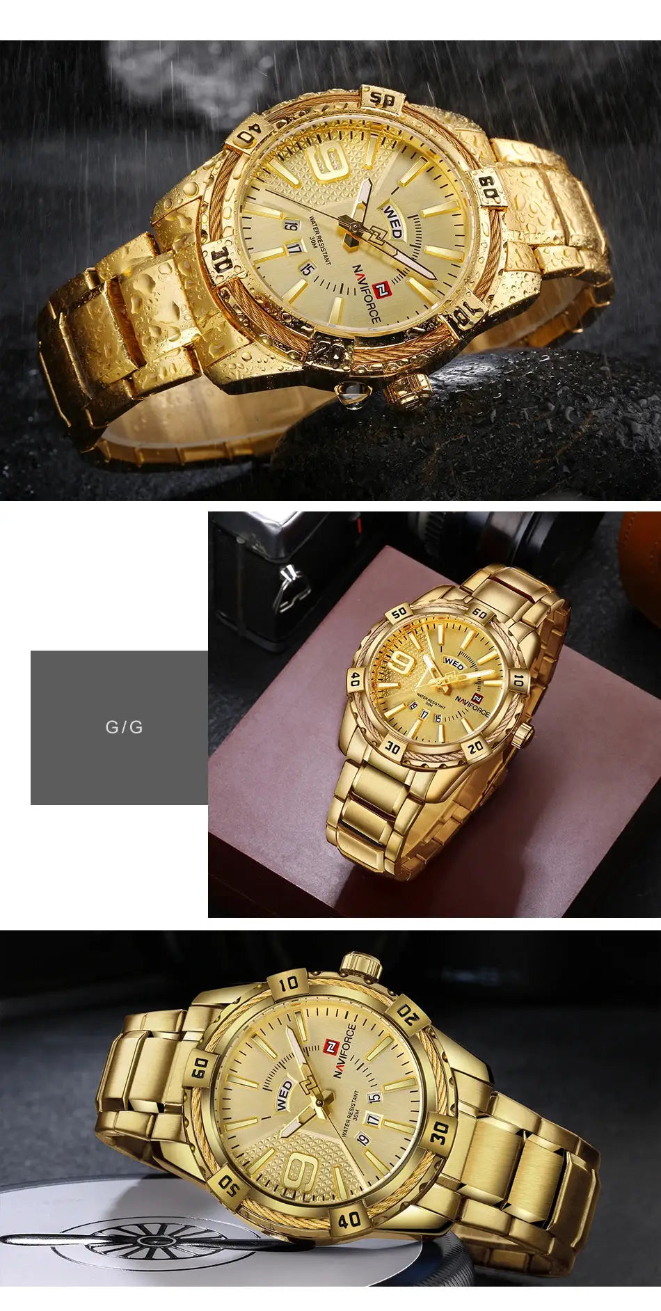 NAVIFORCE men's gold-tone wristwatch with stainless steel band, water resistant quartz by Simples Market