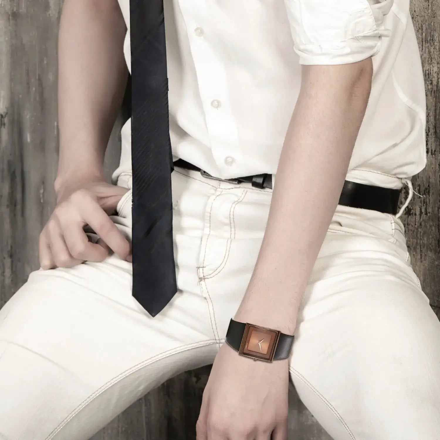 LANCARDO men's square watch with brown dial and black genuine leather strap