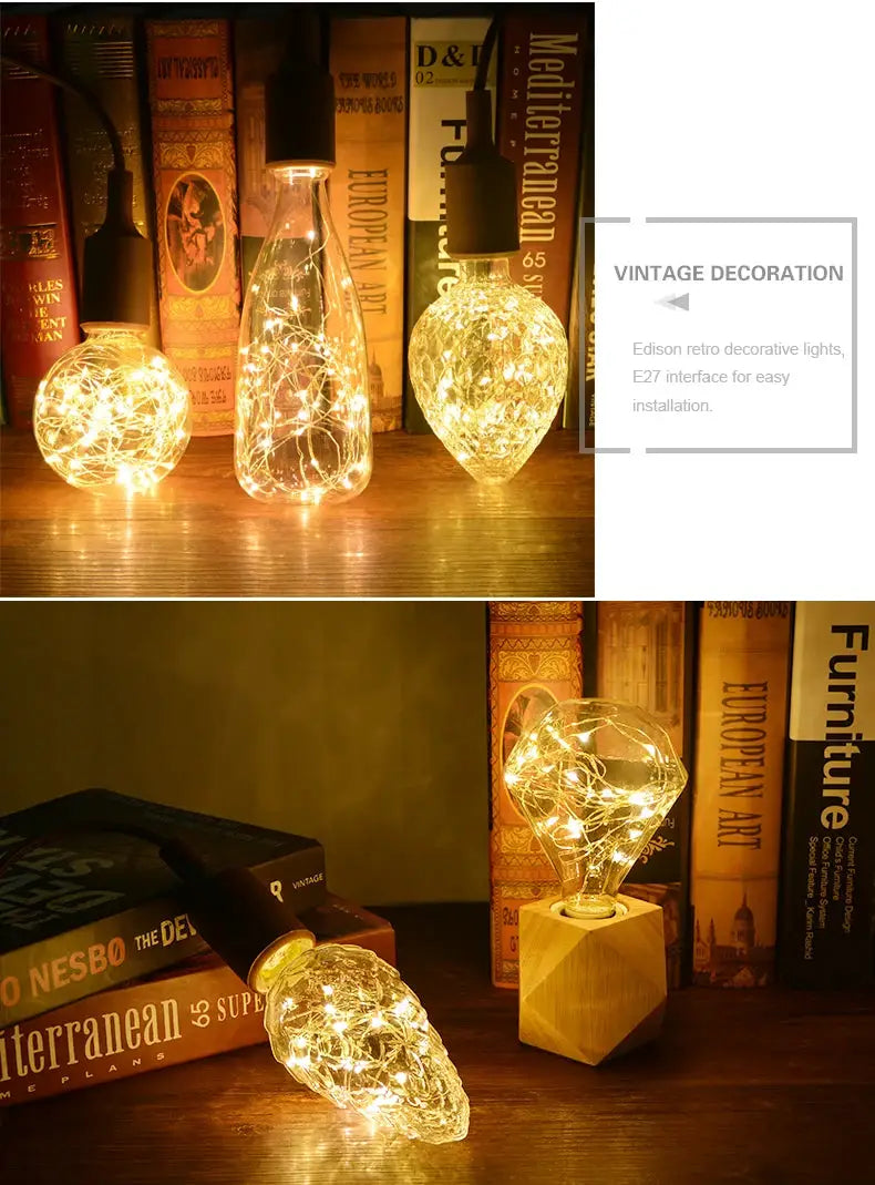 Simples Market E27 3D night light bulbs with star-fireworks LED filaments; clear glass, warm glow, set of 3