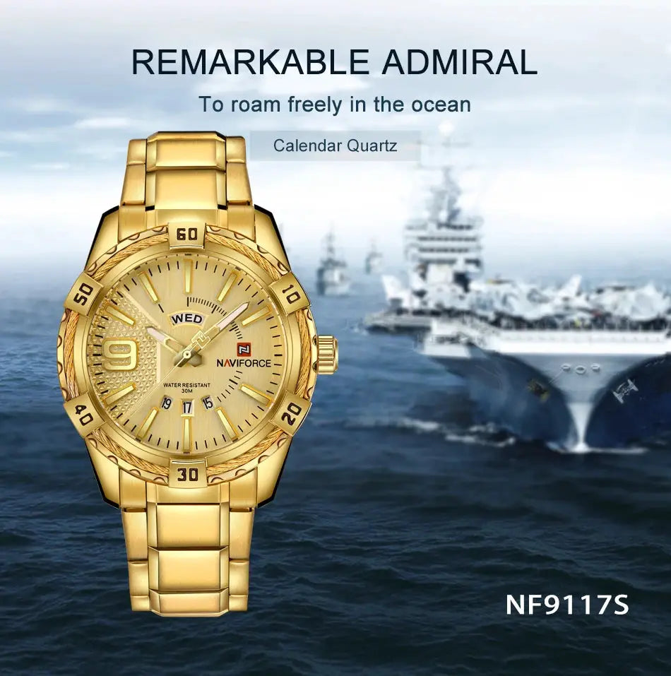 NAVIFORCE men's luxury wristwatch with gold stainless steel band; water resistant quartz by Simples Market