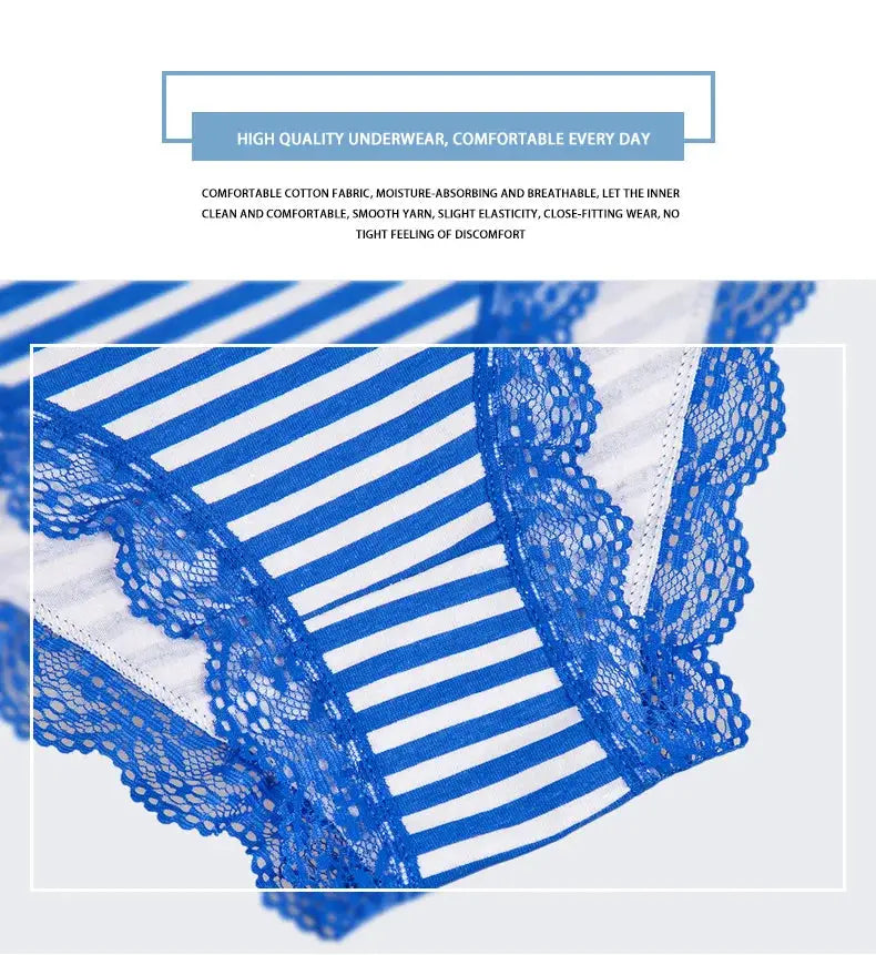 Women's cotton panties with blue lace trim and blue-white striped pattern, Simples Market, 5-pcs set
