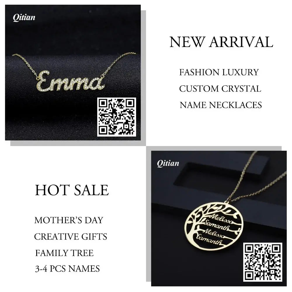 Two gold-tone name necklaces: Emma script pendant and tree-of-life pendant with inscribed names; Qitian logos visible.