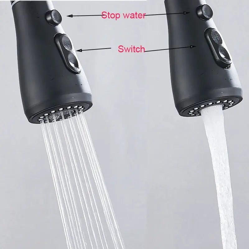 Matte black dual-handle pull-out kitchen faucet by Simples Market, hot and cold drinking water, two spray heads
