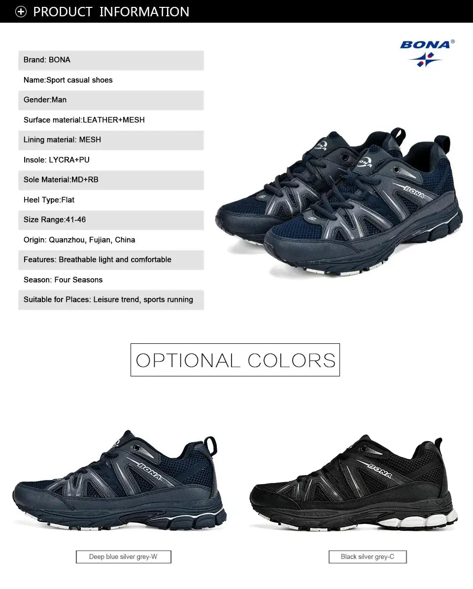 BONA men's running shoes; three color options shown, navy, deep blue, black; mesh and microfiber upper, lace-up sneakers