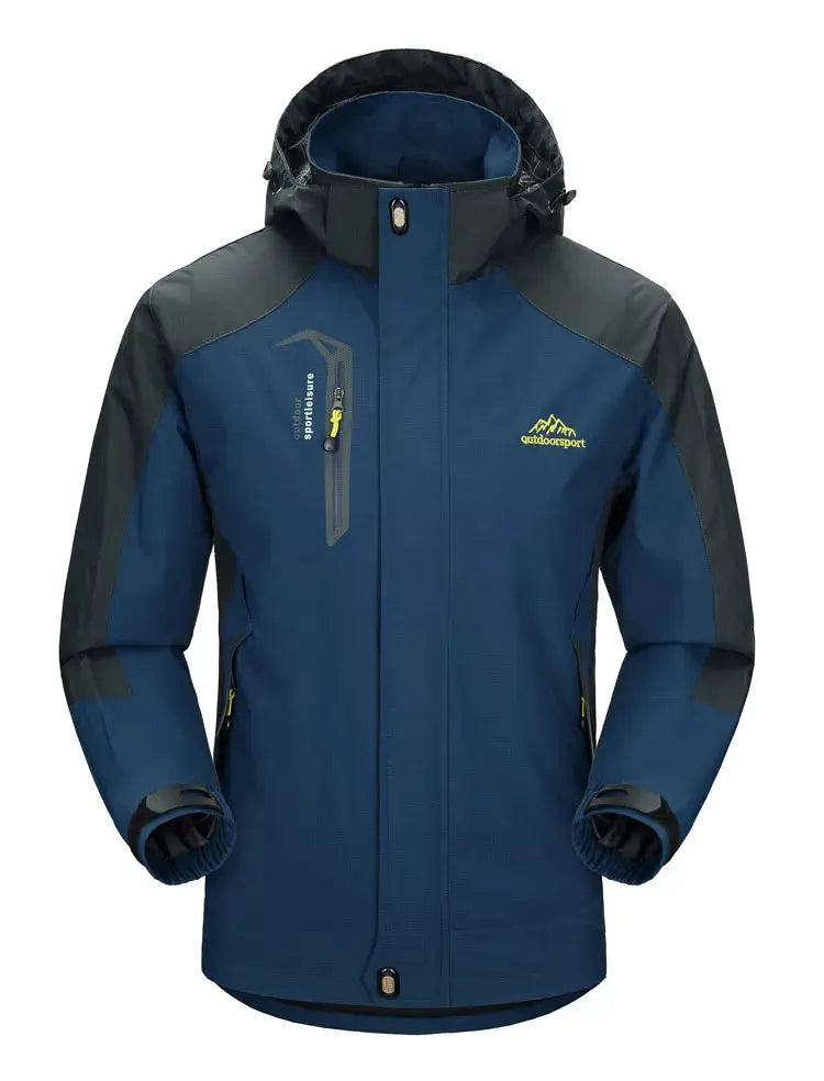 TRVLWEGO men's hooded outdoor jacket in blue with black panels; waterproof windbreaker with outdoorsport logo