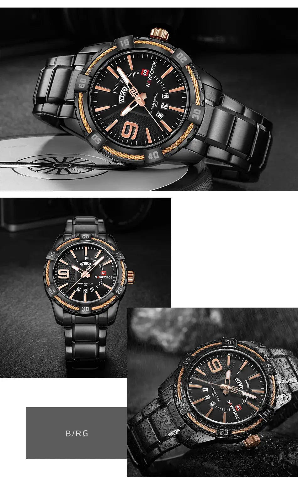 NAVIFORCE men's wristwatch with black steel band and rose-gold accents; analog dial, day/date window, water resistant